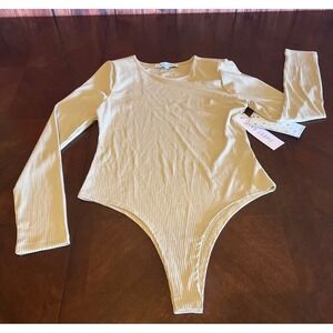 Sweet Rain Womens Ribbed Long Sleeve Bodysuit Tan Beige Crew Neck Thong  S